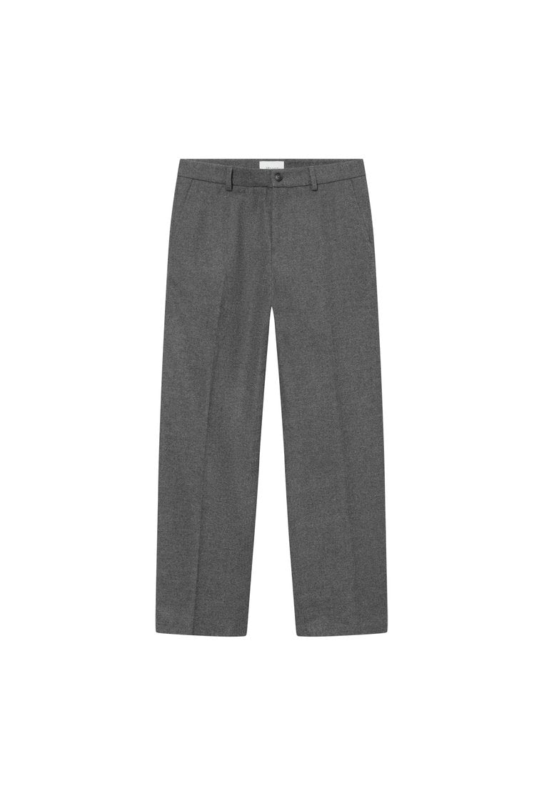 Graue Wollgemisch-Hosen mit geradem Bein, ausgestattet mit einem Knopfverschluss und einer sauberen Bügelfalte auf der Vorderseite. Angenehme Textur.