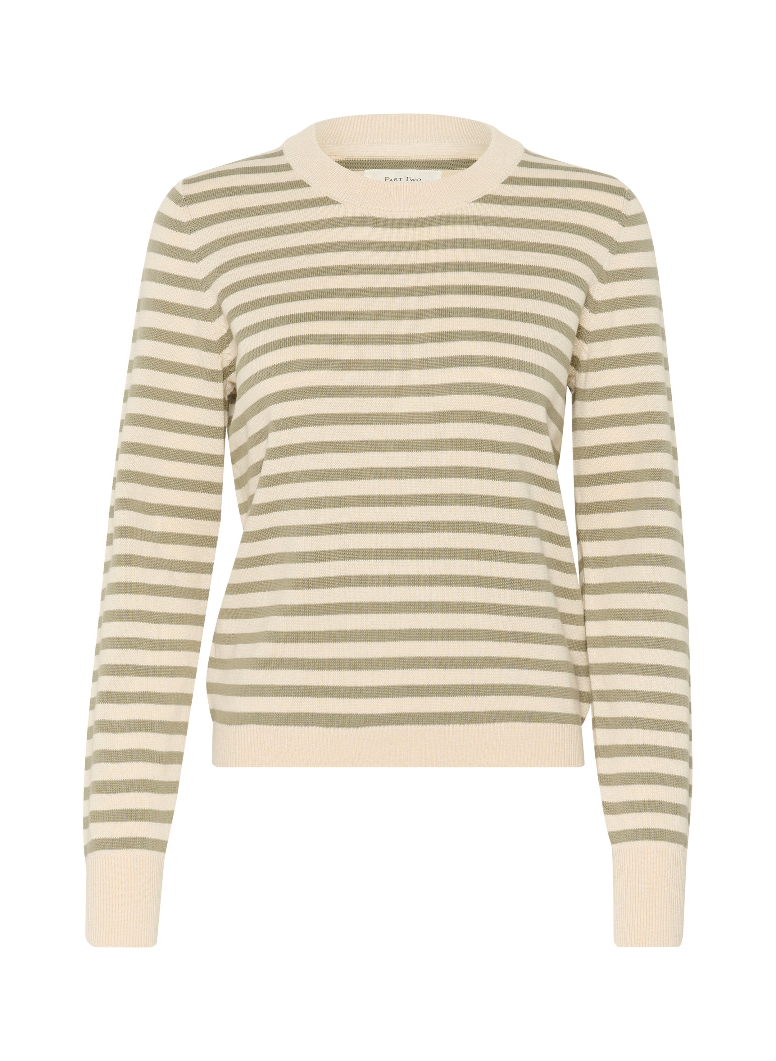 Gestreifter Pullover in Creme und Olivgrün, mit einem gerippten Rundhalsausschnitt, langen Ärmeln und einem figurbetonten Saum. Weiche Strickstruktur.