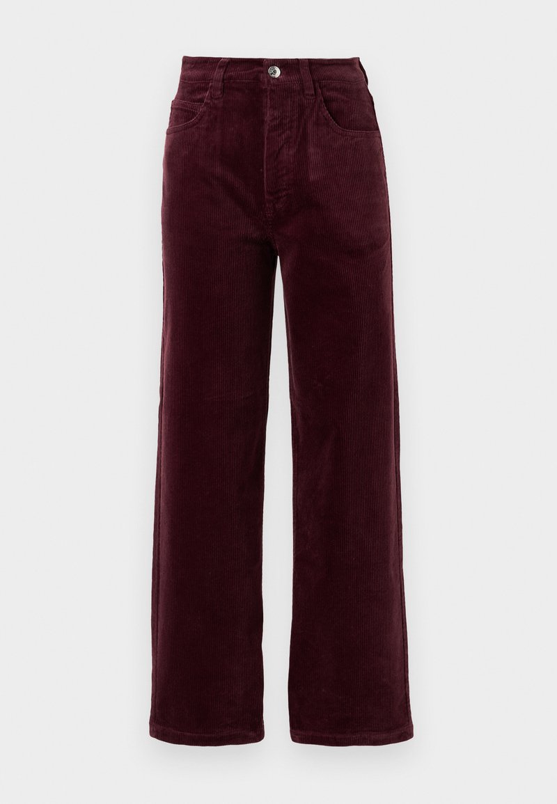 Burgunderfarbene Corduroy-Hosen mit geradem Bein und hoher Taille, fünf Taschen und einem vorderen Metallknopfverschluss. Strukturierter Stoff mit vertikaler Rippung.