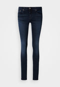 Dunkelblaue Skinny-Jeans aus Denim mit einem Fünf-Taschen-Design, Gürtelschlaufen und Knopfverschluss. Glatte Textur mit dezenten Nähten.