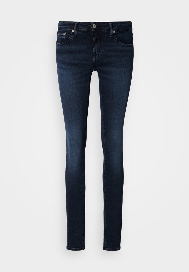 Dunkelblaue Skinny-Jeans aus Denim mit einem Fünf-Taschen-Design, Gürtelschlaufen und Knopfverschluss. Glatte Textur mit dezenten Nähten.