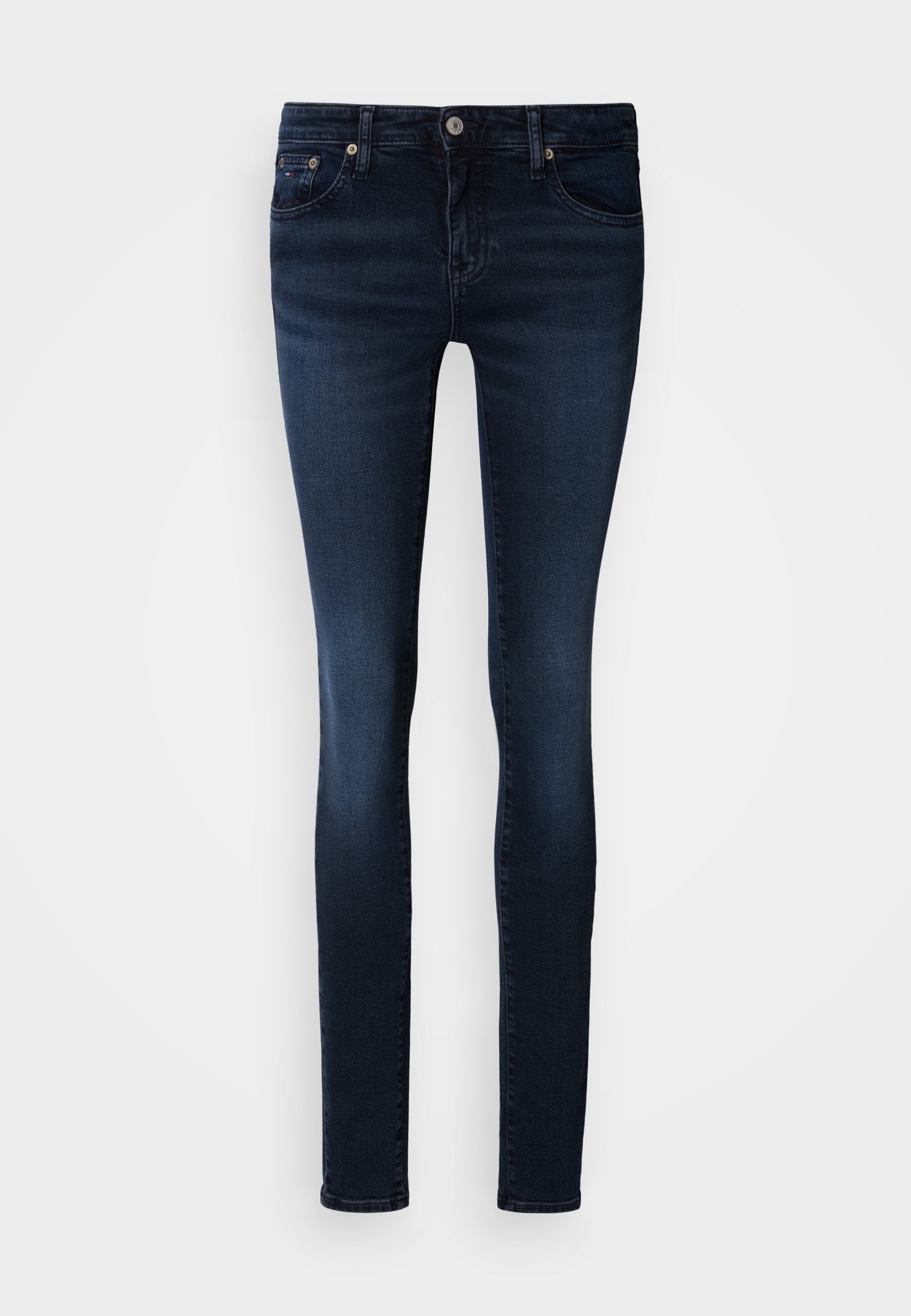 Dunkelblaue Skinny-Jeans aus Denim mit einem Fünf-Taschen-Design, Gürtelschlaufen und Knopfverschluss. Glatte Textur mit dezenten Nähten.