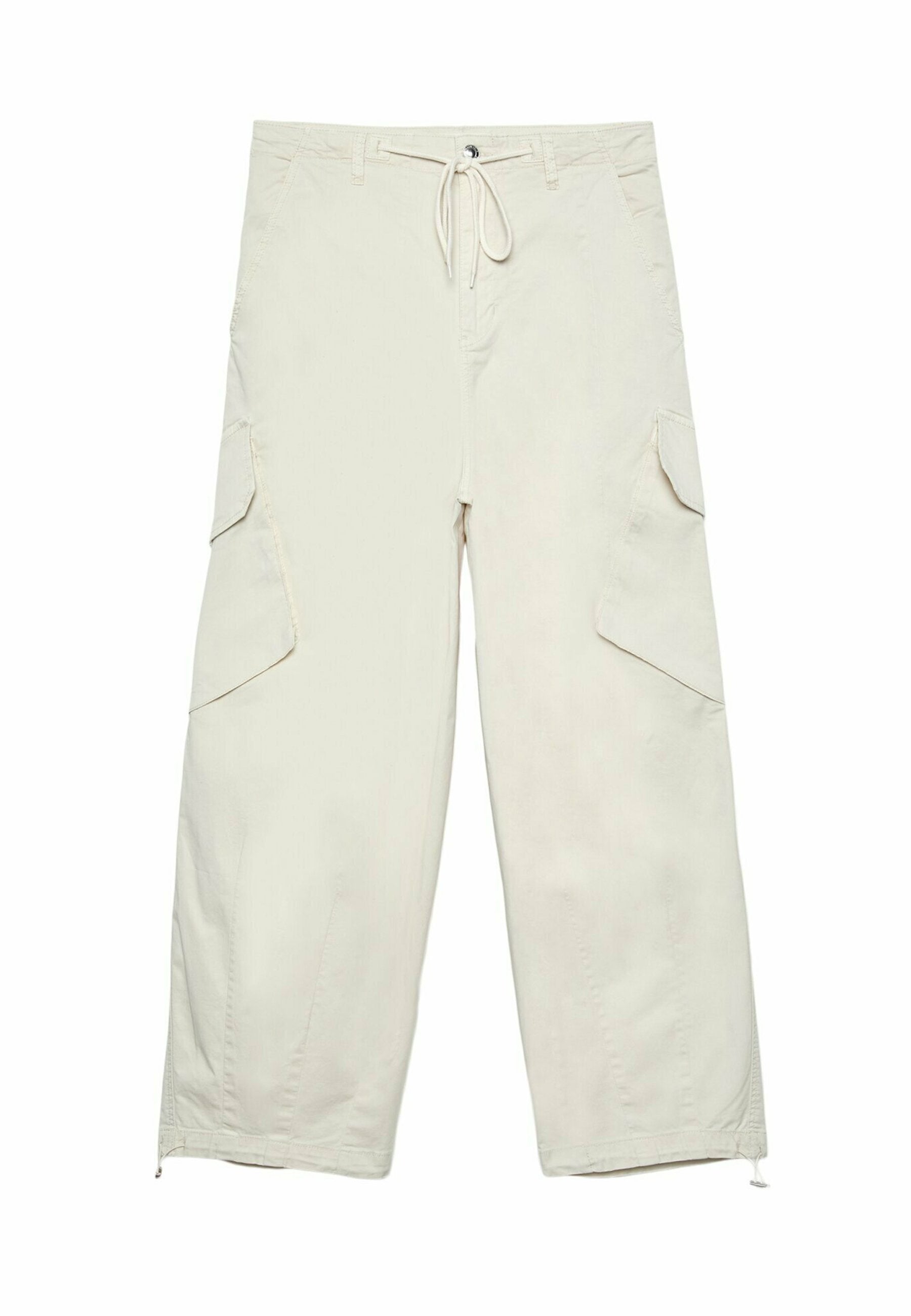 Beige Cargo-Hosen aus leichtem Stoff mit einem Kordelzugbund, ausgestattet mit Seitentaschen, geraden Beinen und Reißverschlüssen an den Säumen.