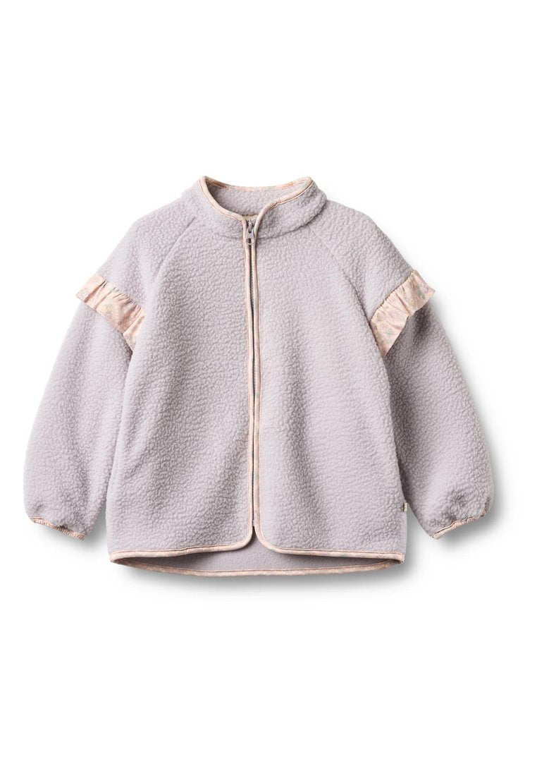 Graue Fleecejacke mit durchgehendem Reißverschluss, Raglanärmeln und gerafften floralen Akzenten. Mit Stehkragen und elastischen Bündchen.