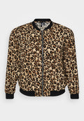 Bomberjacke mit Leopardenmuster und Reißverschluss, schwarzen gerippten Bündchen und Saum, aus weichem, strukturiertem Stoff in Beige- und Brauntönen.