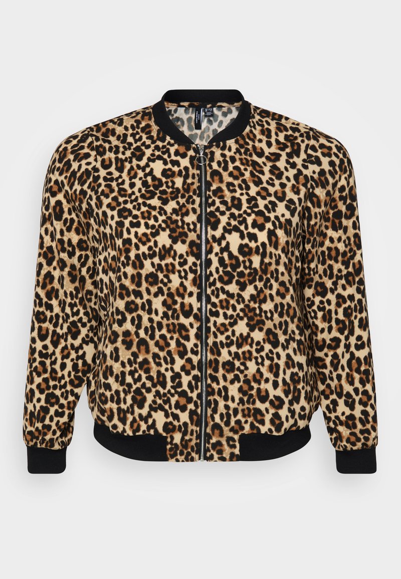 Bomberjacke mit Leopardenmuster und Reißverschluss, schwarzen gerippten Bündchen und Saum, aus weichem, strukturiertem Stoff in Beige- und Brauntönen.