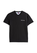 Schwarzes Baumwoll-T-Shirt mit Rundhalsausschnitt und kurzen Ärmeln. Mit weißem "TOMMY JEANS"-Text auf der Vorderseite. Weiche, glatte Textur.