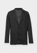 Dunkelgrauer Hahnentwist-Blazer mit Revers, zwei schwarzen Knöpfen und aufgesetzten Taschen, auf einem schlichten weißen Hintergrund präsentiert.