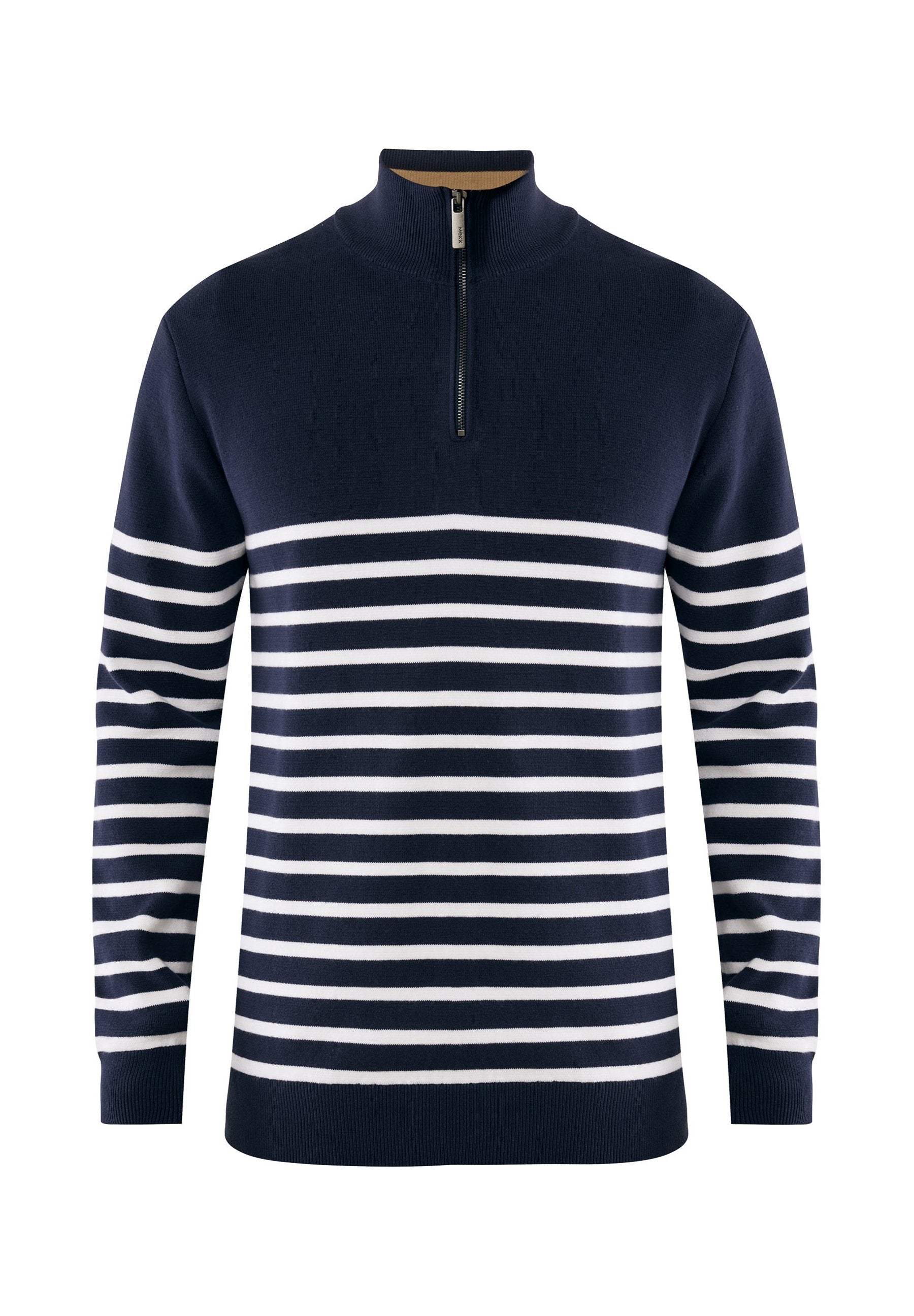 Navyblaues Langarmpullover mit weißen horizontalen Streifen, Halbreißverschlusskragen und gerippten Bündchen und Saum.