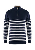 Navyblaues Langarmpullover mit weißen horizontalen Streifen, Halbreißverschlusskragen und gerippten Bündchen und Saum.