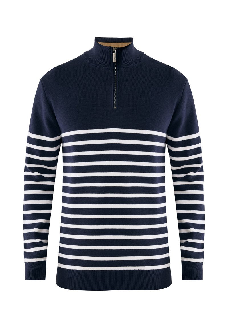 Navyblaues Langarmpullover mit weißen horizontalen Streifen, Halbreißverschlusskragen und gerippten Bündchen und Saum.
