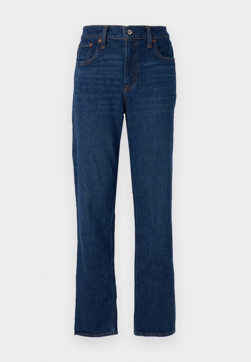 Dunkelblaue Jeans mit geradem Beinschnitt, fünf Taschen, orangefarbener Naht und einem Knopfverschluss am Bund.