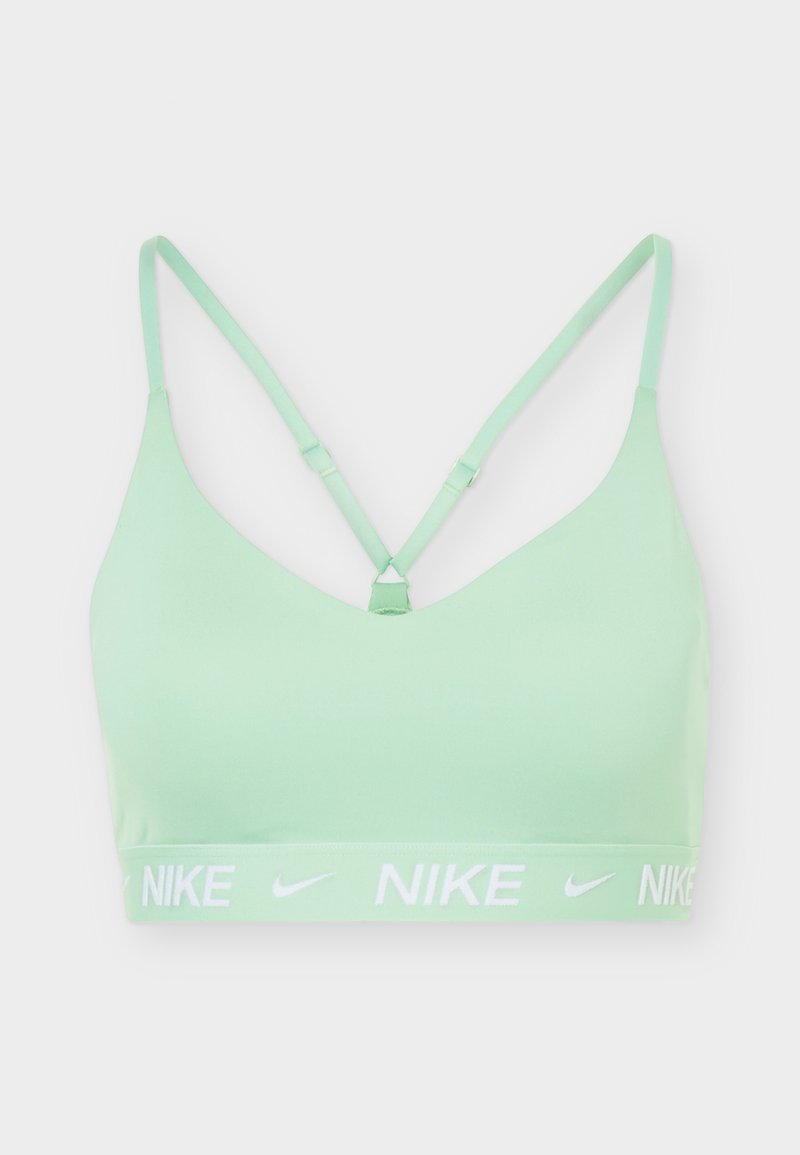 Hellgrüner Sport-BH mit dünnen, verstellbaren Trägern, die sich am Rücken kreuzen, und weißen Nike-Logos auf dem Elastikband unter der Brust.
