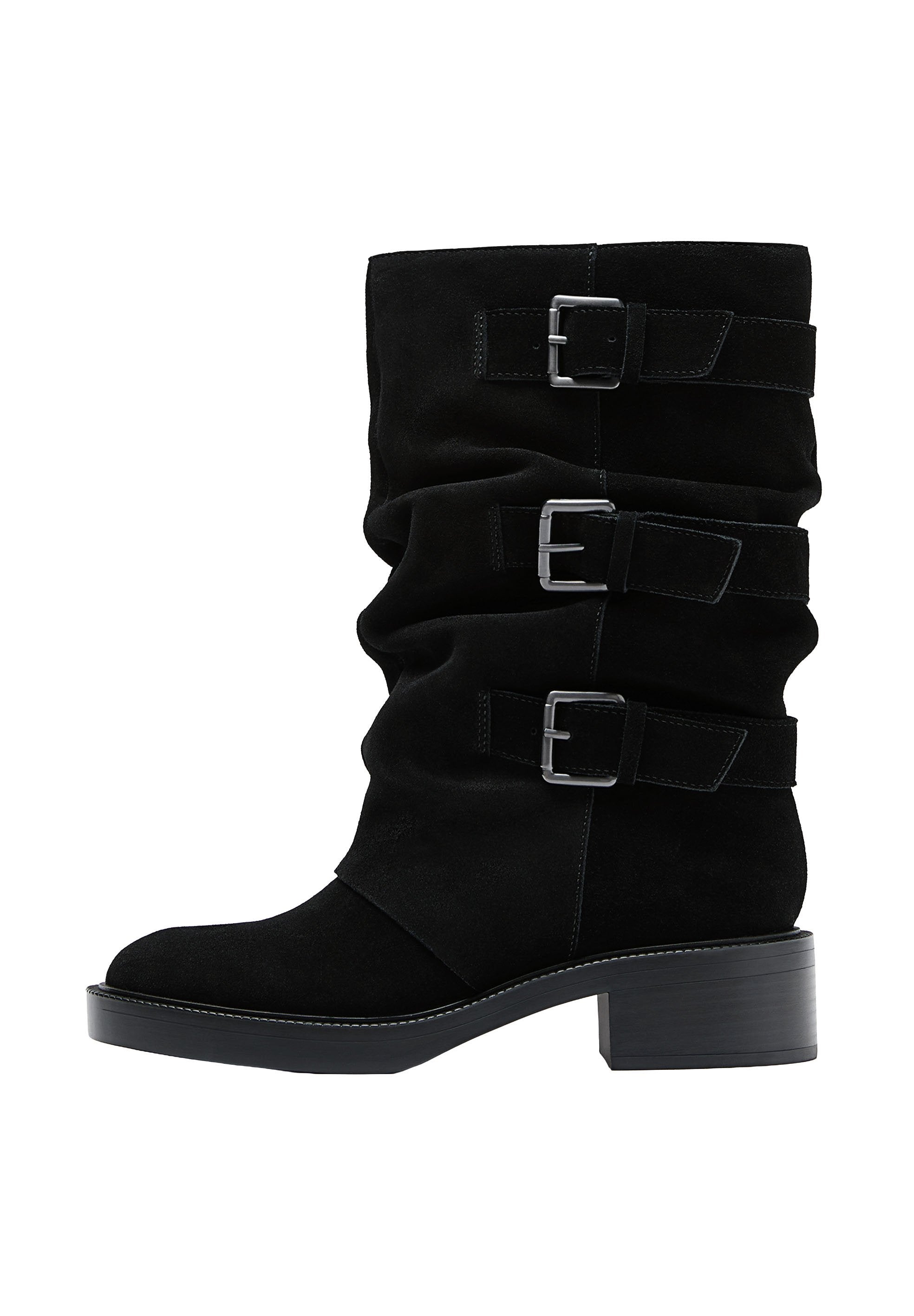 Schwarze Wildleder-Kniehohe Stiefel mit drei Schnallenakzenten, lässigem Design, runder Zehenform und einem stabilen schwarzen Absatz.