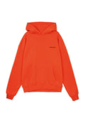 Orangene Kapuzenjacke mit einem Kängurutasche, gerippten Bündchen und Saum. Verfügt über ein kleines schwarzes Logo im Brustbereich. Weiche Stofftextur.