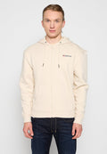 Beige Kapuzenpullover mit Reißverschluss, Kordelzügen, Vordertaschen und einem kleinen Logo oben links. Hergestellt aus weichem Stoff mit glatter Textur.