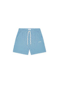 Blaue und weiße gestreifte Badehose mit Kordelzug am Bund und kleinem Markenlogo vorne. Leichtes Gewebe mit glatter Textur.