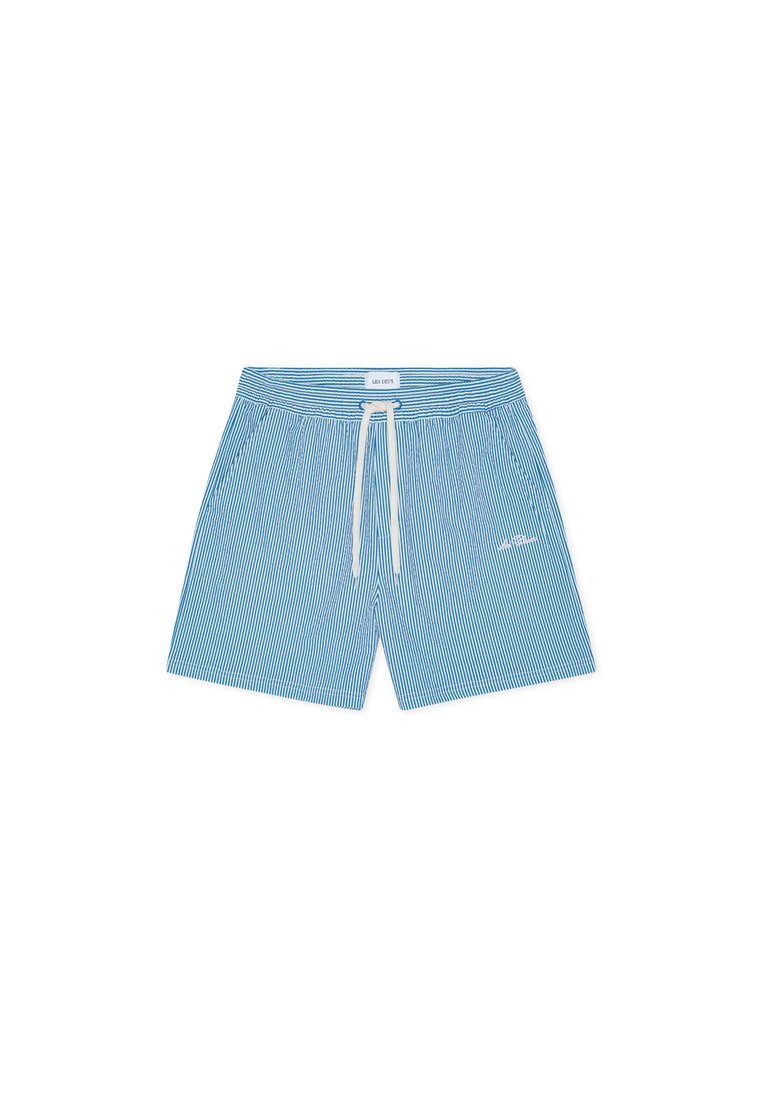 Blaue und weiße gestreifte Badehose mit Kordelzug am Bund und kleinem Markenlogo vorne. Leichtes Gewebe mit glatter Textur.
