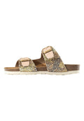 Glitzernde braune Sandalen mit zwei verstellbaren Riemen, ausgestattet mit goldfarbenen Beschlägen und einem strukturierten Fußbett. Hellfarbige Laufsohle.