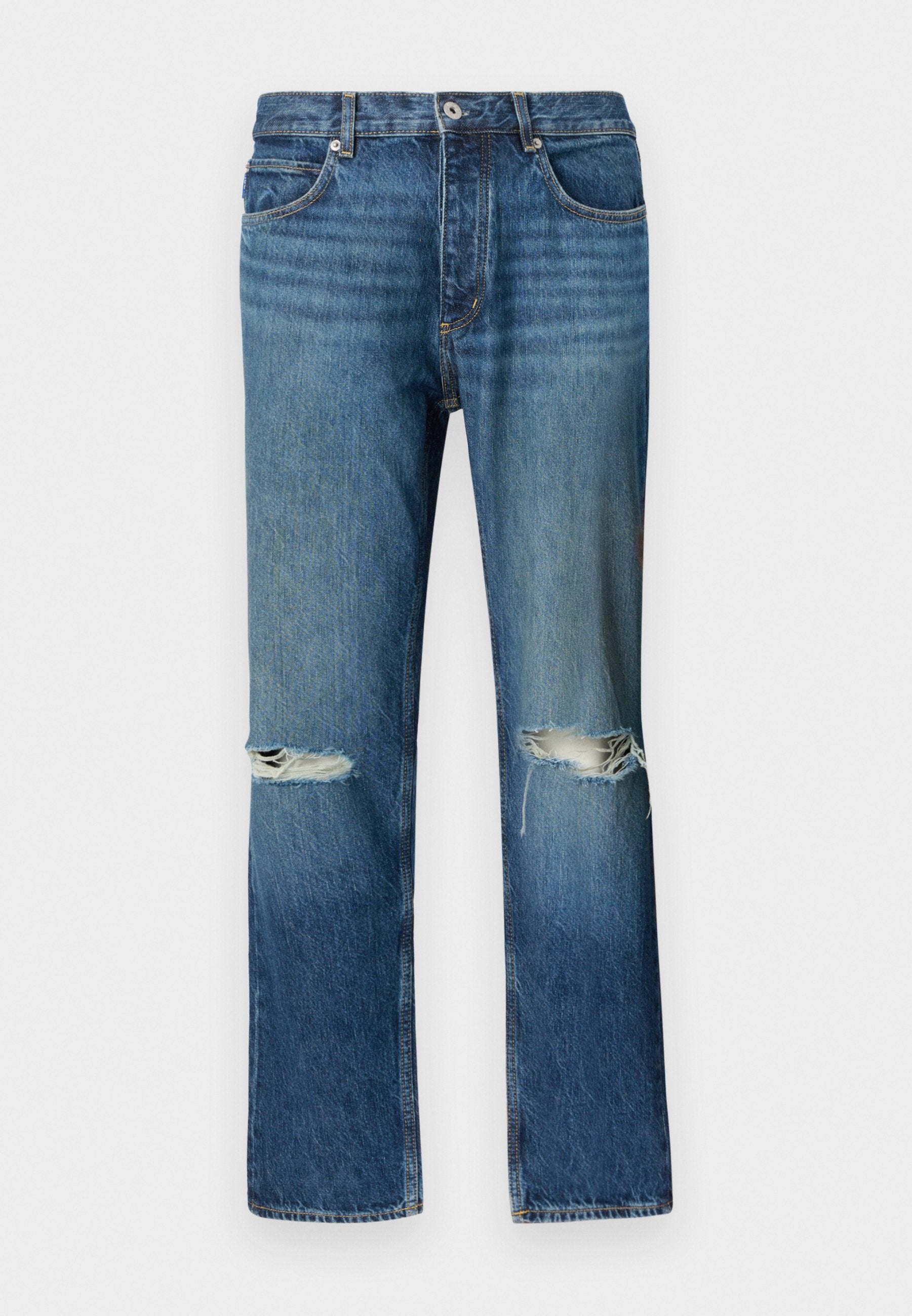 Blaue Jeans mit geradem Bein, aus Denim, mit ausgefransten Rissen an beiden Knien, vorderer Knopfverschluss und Fünf-Taschen-Design.
