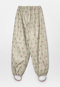 Hose mit Blumenmuster in hellem Grün, mit elastischem Bund und elastischen Bündchen. Hat pinkfarbene Blumendesigns und Schlaufenakzente.