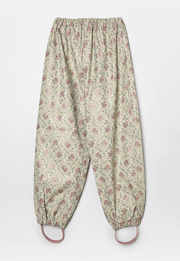 Hose mit Blumenmuster in hellem Grün, mit elastischem Bund und elastischen Bündchen. Hat pinkfarbene Blumendesigns und Schlaufenakzente.