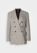 Doppelreihiger Blazer mit kariertem Muster in Beige-, Schwarz- und Blautönen. Verfügt über Spitzenrevers, zwei Fronttaschen und schwarze Knöpfe.