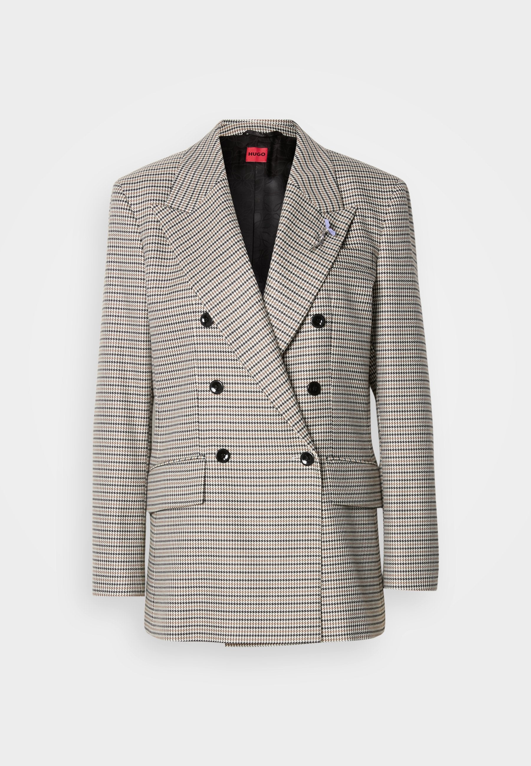 Doppelreihiger Blazer mit kariertem Muster in Beige-, Schwarz- und Blautönen. Verfügt über Spitzenrevers, zwei Fronttaschen und schwarze Knöpfe.