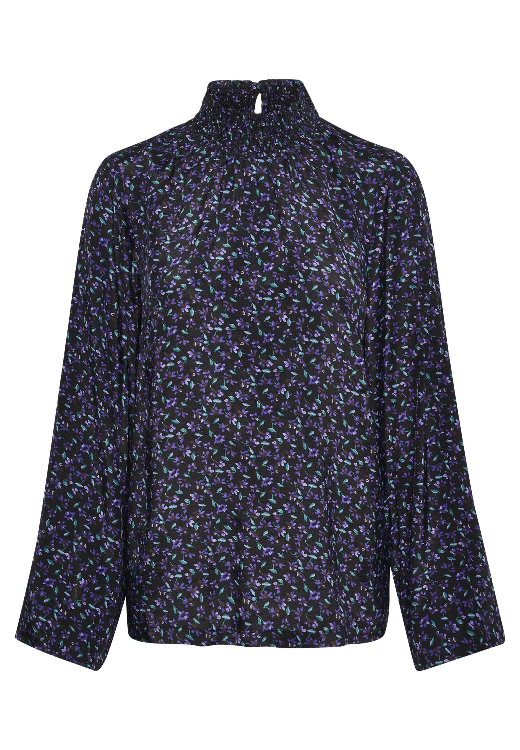 Schwarze Bluse mit hohem, gerafftem Ausschnitt. Merkmale: mehrfarbiges Blumenmuster, lange Ärmel und lockere Passform. Weicher Stoff mit angenehmer Haptik.