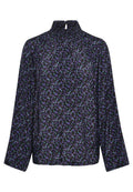 Schwarze Bluse mit hohem, gerafftem Ausschnitt. Merkmale: mehrfarbiges Blumenmuster, lange Ärmel und lockere Passform. Weicher Stoff mit angenehmer Haptik.