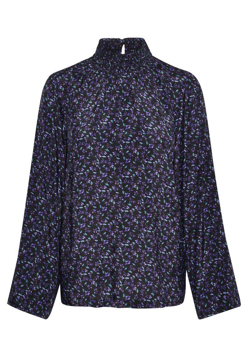Schwarze Bluse mit hohem, gerafftem Ausschnitt. Merkmale: mehrfarbiges Blumenmuster, lange Ärmel und lockere Passform. Weicher Stoff mit angenehmer Haptik.