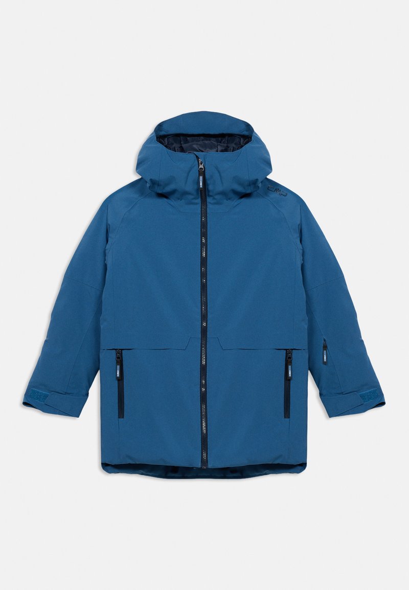 Blaue Winterjacke mit Kapuze, Frontreißverschluss, zwei seitlichen Reißverschlusstaschen und verstellbaren Klettverschlüssen an den Ärmelenden, flach auf hellem Hintergrund liegend.