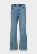 Helle blaue, ausgestellte Jeans aus Denim mit hoher Taille, fünf Taschen, subtilen Verwaschungen und genähten Details entlang der Nähte.