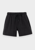 Schwarze Casual-Shorts mit elastischem Bund und Kordelzug, ausgestattet mit Seitentaschen und einfacher Saumnaht.