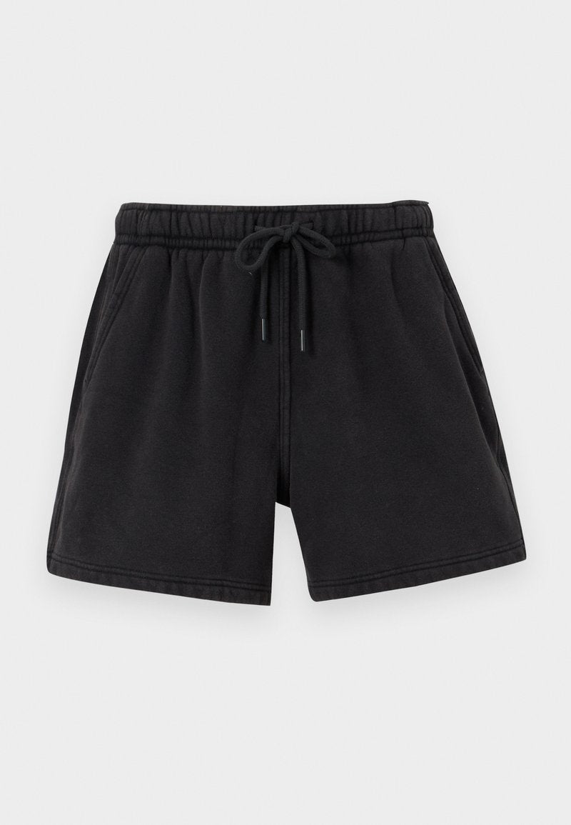Schwarze Casual-Shorts mit elastischem Bund und Kordelzug, ausgestattet mit Seitentaschen und einfacher Saumnaht.