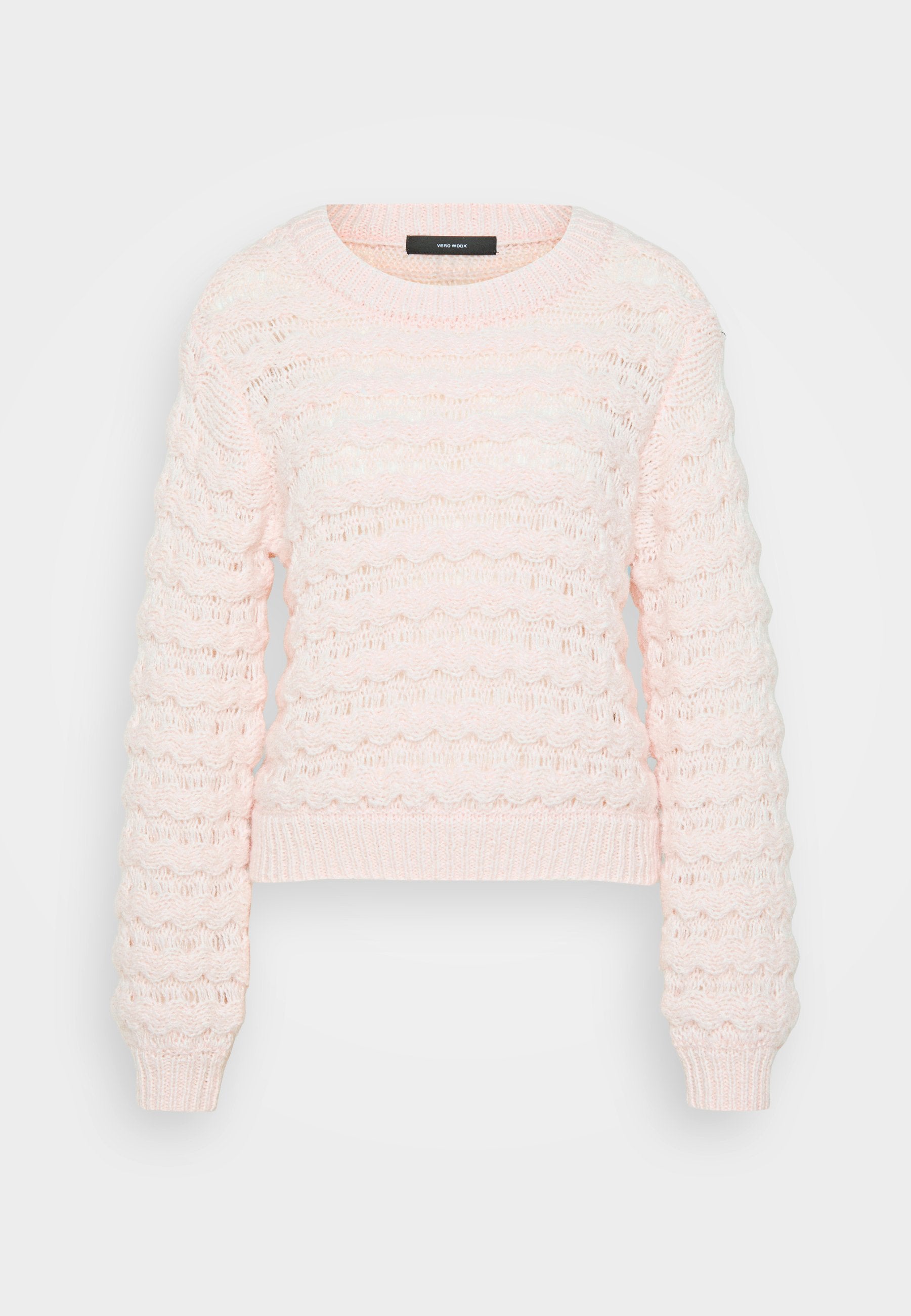 Helles rosa gestricktes Sweatshirt mit einem strukturierten Wellenmuster, Rundhalsausschnitt und gerippten Bündchen und Saum. Kürzer geschnittene Design.