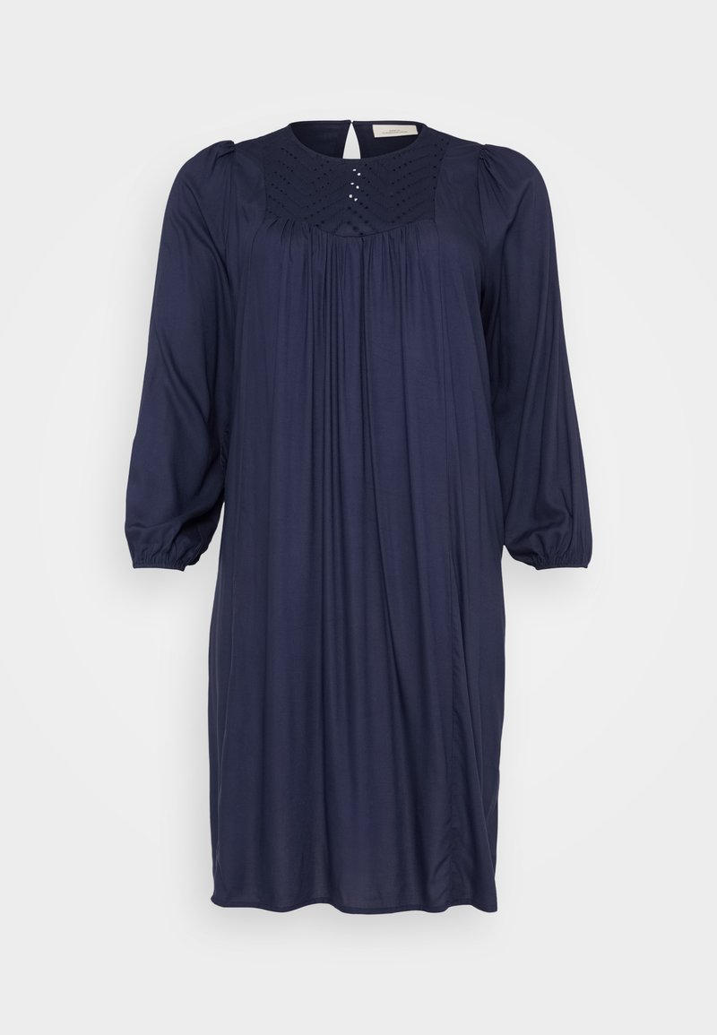 Navyblaues Kleid mit weitem Ausschnitt, gefälteltem Vorderteil und drei Viertel Puffärmeln. Verfügt über kleine dekorative Nieten entlang des Ausschnitts.