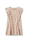 Mädchen ärmelloses Blumen-Kleid mit gerafften Schulterdetails in Pastellrosa, Gelb und Blau auf einem weichen cremefarbenen Hintergrund.