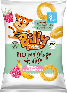 Kindersnack Maisringe mit Hirse, Banane und Himbeere, ab 8 Monaten  Billy Tiger