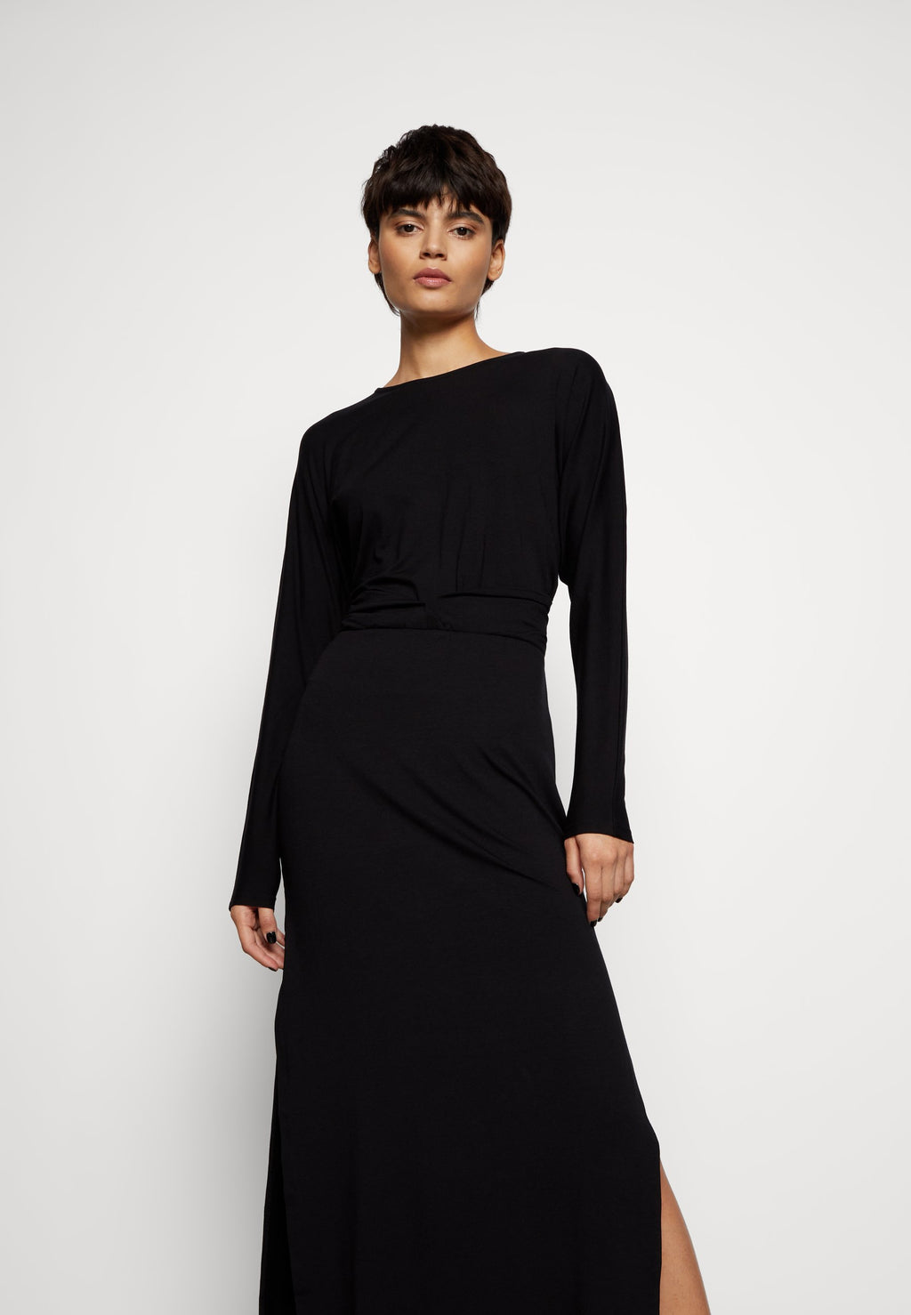NU-IN DRAPED LONG DRESS WITH HIGH SIDE SLIT