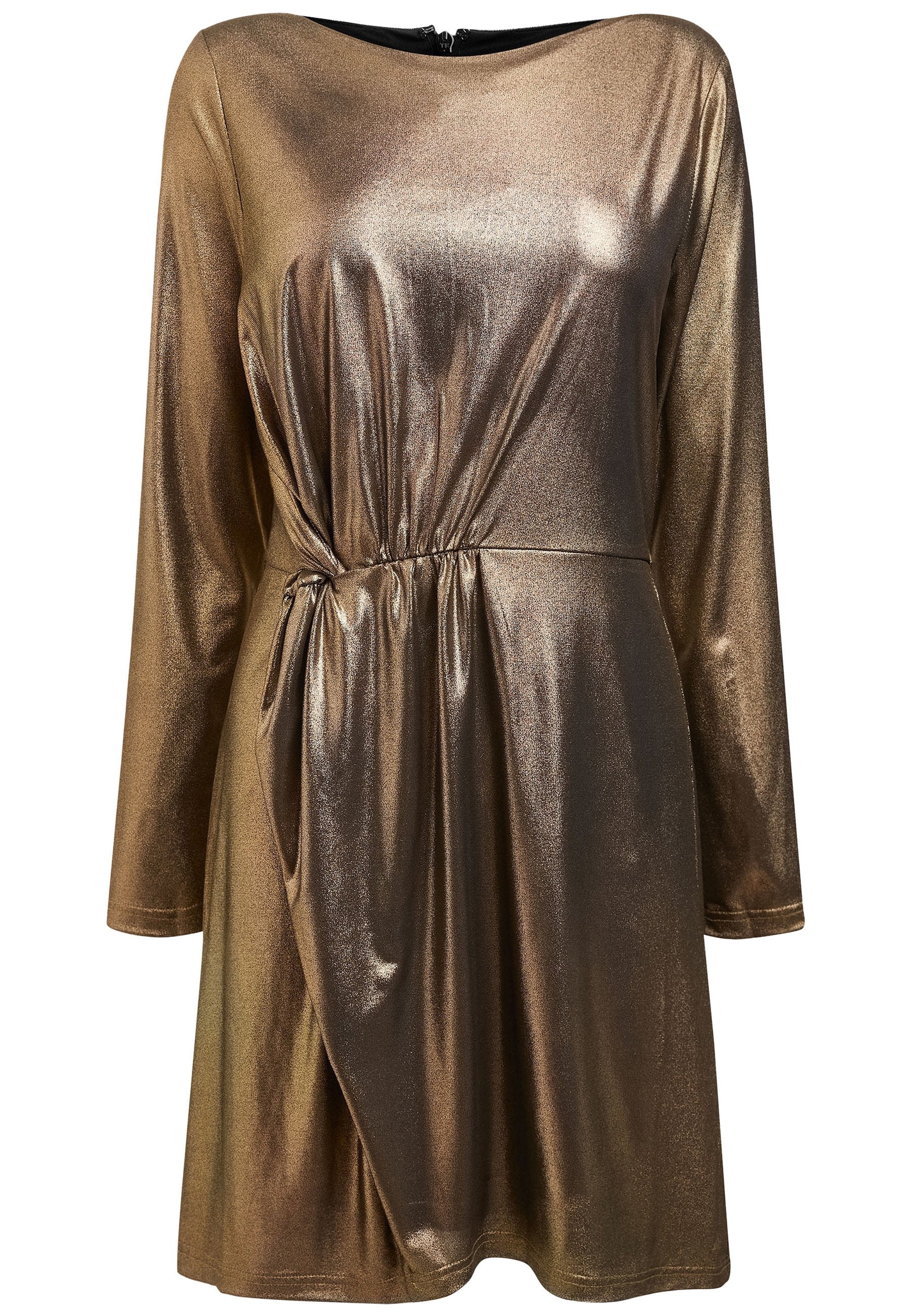 Metallisch bronzefarbenes Langarmkleid mit gerafftem Taillendetail, glatter Textur und einem U-Boot-Ausschnitt mit Reißverschluss auf der Rückseite.