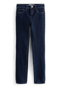 Dunkelblaue Jeans aus Denim mit geradem Bein, ausgestattet mit Fronttaschen, einem Knopfverschluss und sichtbaren Nähdetails.