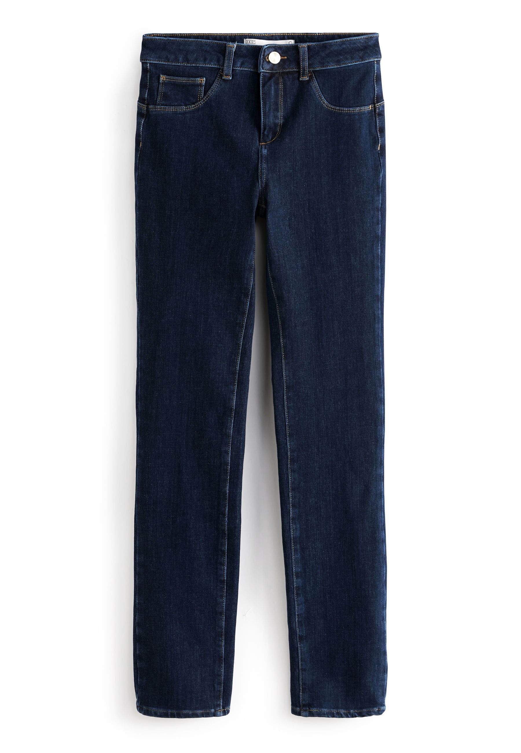 Dunkelblaue Jeans aus Denim mit geradem Bein, ausgestattet mit Fronttaschen, einem Knopfverschluss und sichtbaren Nähdetails.