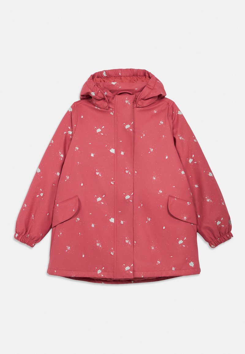 Rosa wasserdichte Jacke mit Kapuze, ausgestattet mit weißen Spritzmustern. Elastische Bündchen und zwei Seitentaschen. Glatte, leicht glänzende Textur.