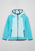 Hellblaues Fleece-Hoodie mit Reißverschluss, strukturiertem Stoff, kontrastierenden marineblauen Besätzen und zwei Seitentaschen.