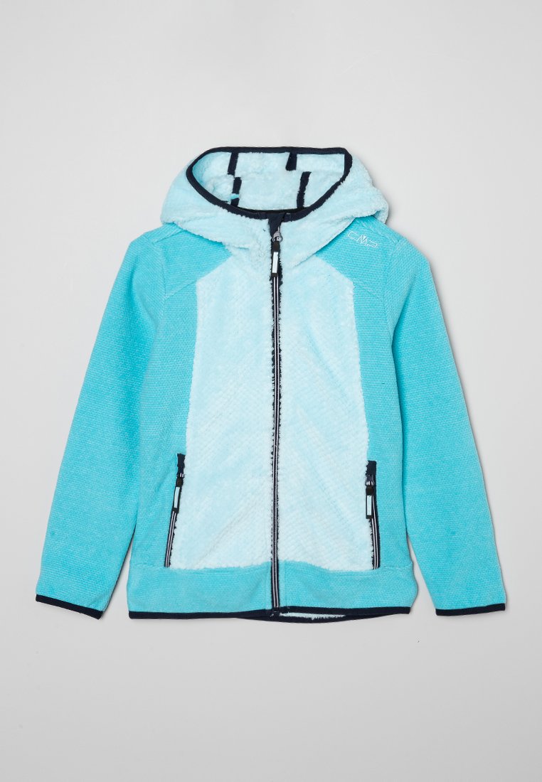 Hellblaues Fleece-Hoodie mit Reißverschluss, strukturiertem Stoff, kontrastierenden marineblauen Besätzen und zwei Seitentaschen.