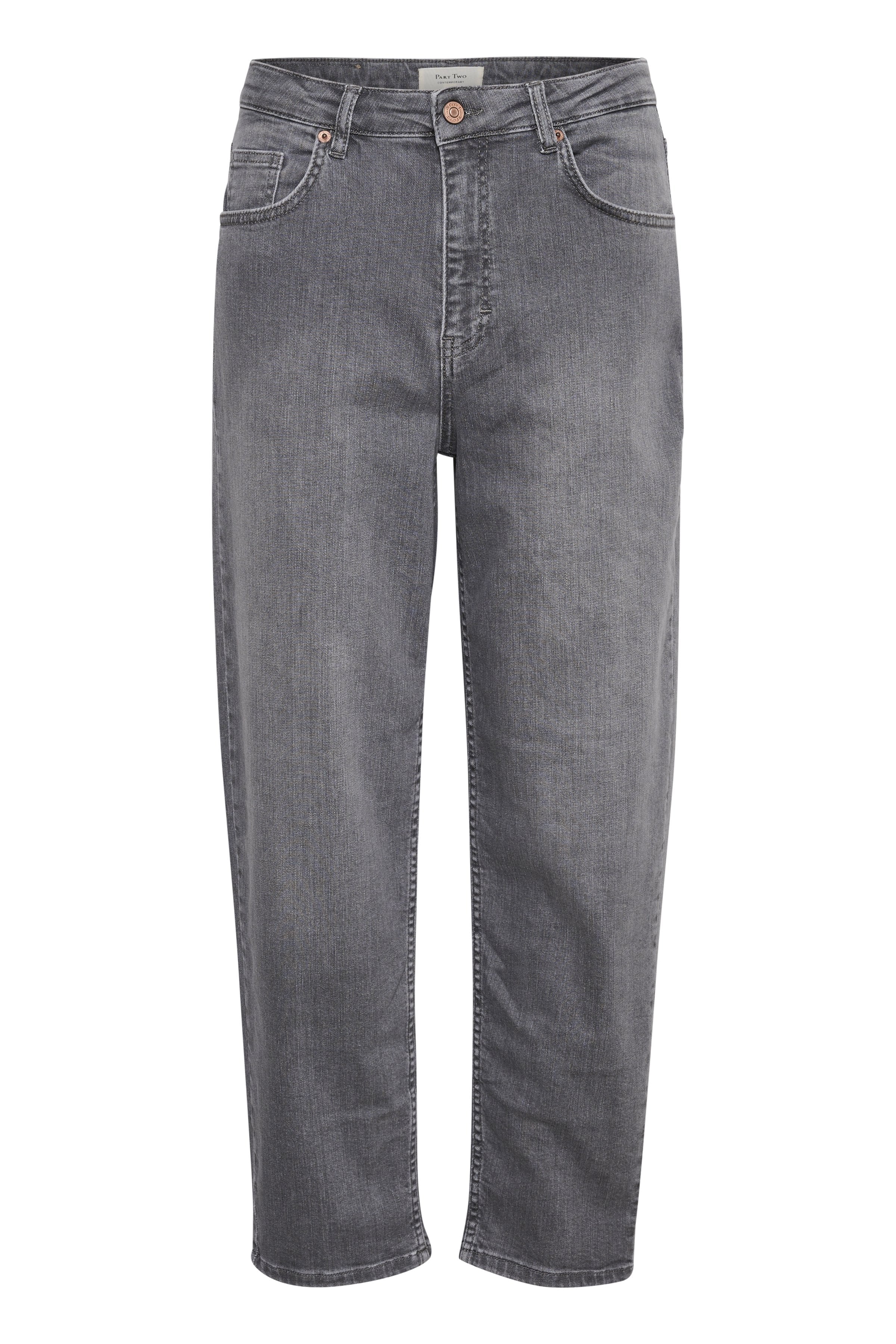 Graue Denim-Jeans mit geradem Schnitt, fünf Taschen-Design und Knopfverschluss. Besitzt eine subtile Textur und Nähte entlang der Säume.