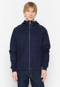 Marineblaue Kapuzenjacke mit Reißverschluss, Raglanärmeln, zwei Seitentaschen und elastischem Saum. Hergestellt aus leichtem Stoff mit einer glatten Textur.
