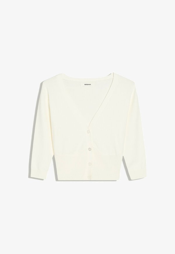 Bershka CROPPED V-NECK SHORT SLEEVE JACKET - CARDIGAN - Cardigan - beige