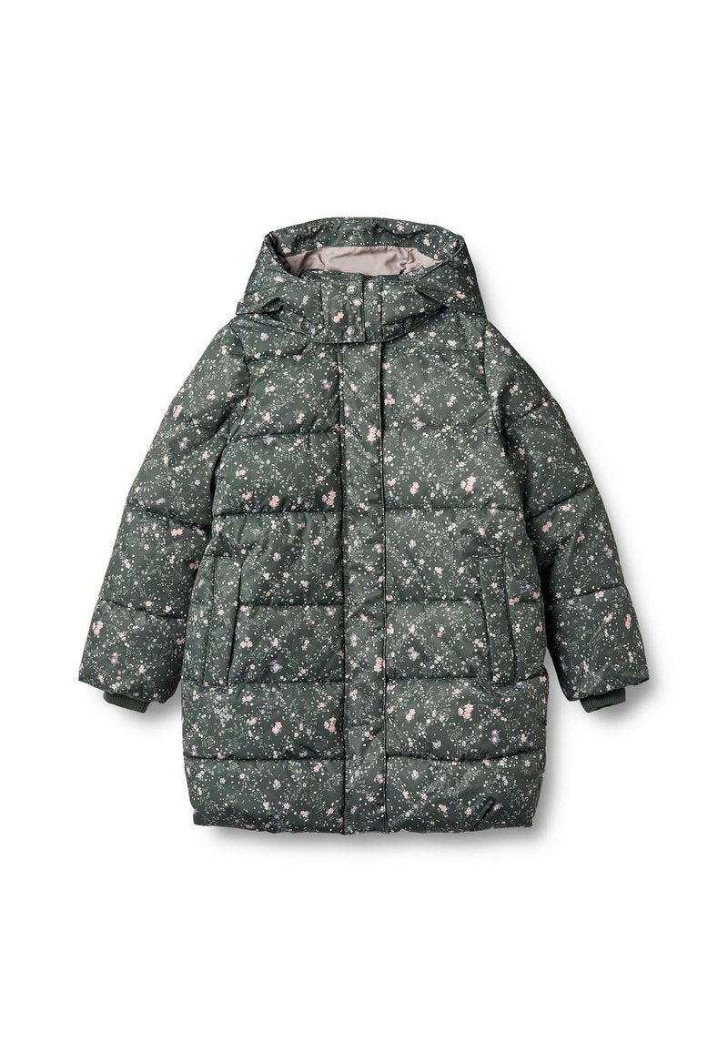 Grüner gesteppter Steppmantel mit floralem Muster in Pink und Weiß, mit Kapuze, Druckknopfverschluss und elastischen Bündchen für Wärme.